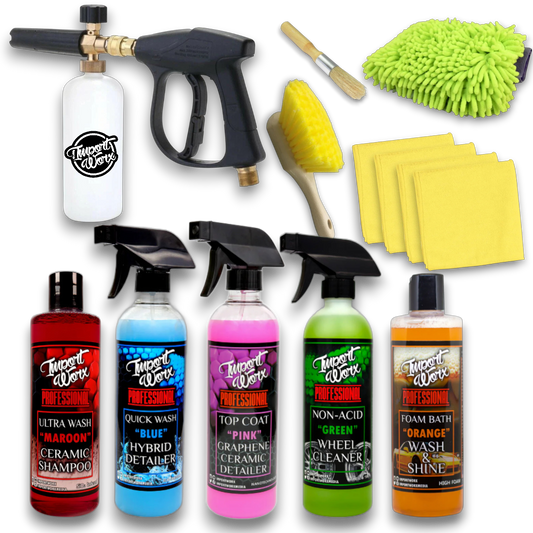 Collection of car care products including bottles, a spray gun, and cloths on a white background.