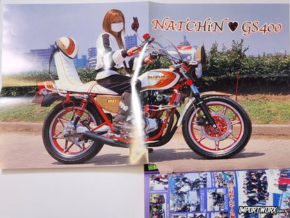 Champ Road October 2007 issue poster-style fold-out of Moriko riding a Suzuki GS400 motorcycle.