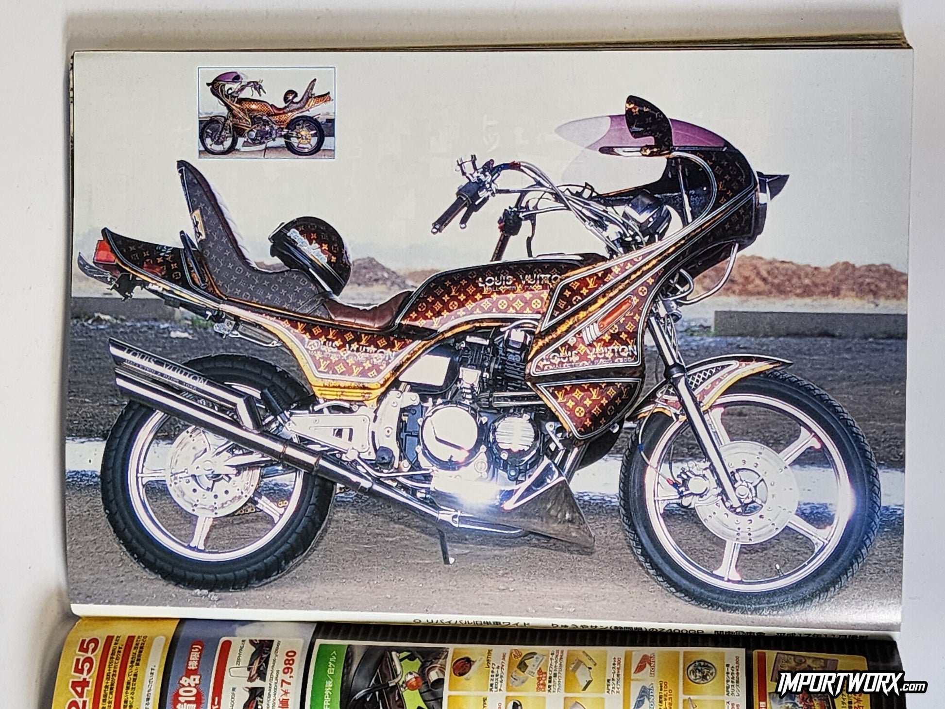 Champ Road August 2008 issue cover spread featuring custom candy paint motorcycle with Louis Vuitton livery.
