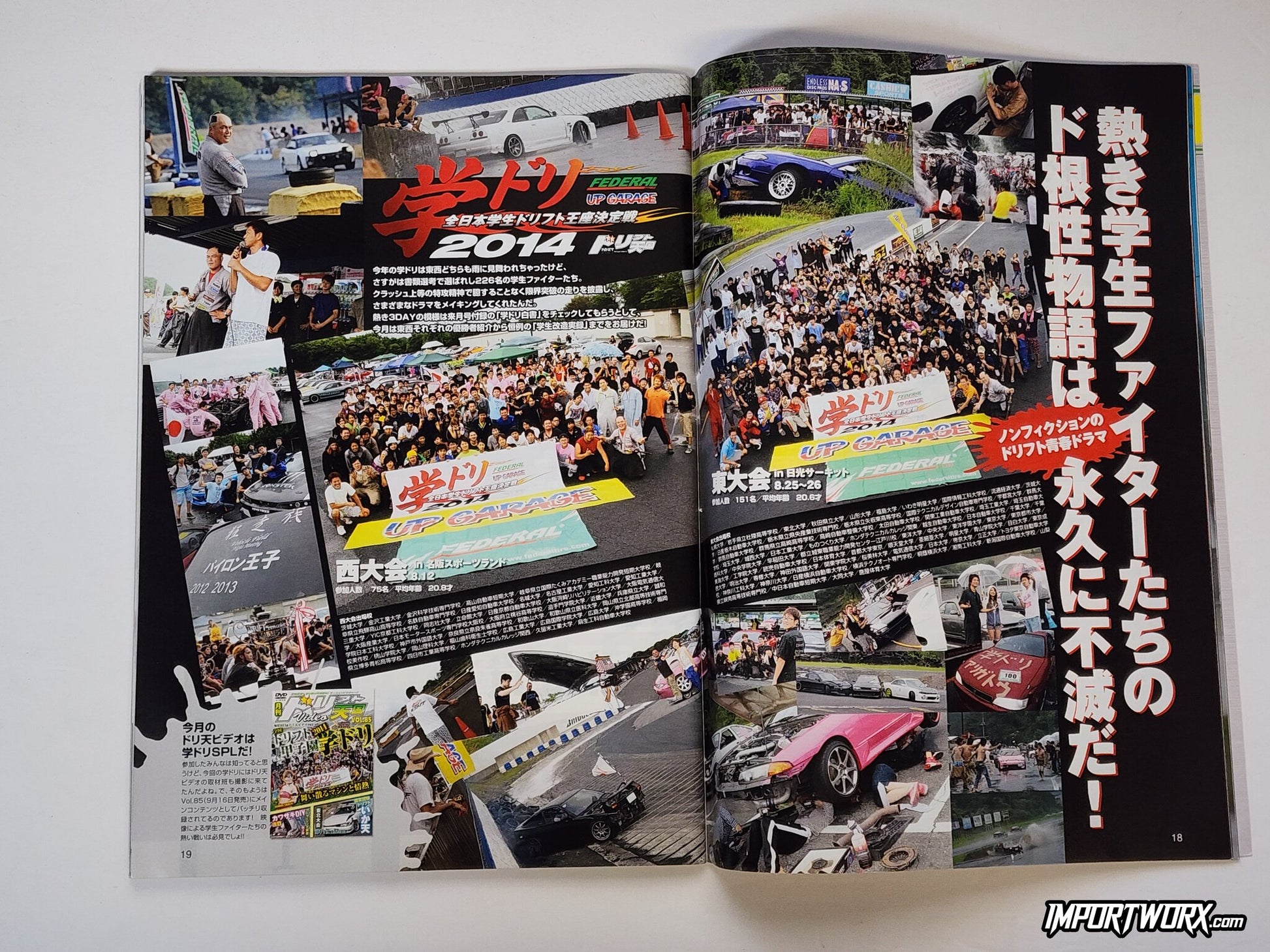 Collage of group photos from the All-Japan Student Drift Competition in Drift Tengoku October 2014.