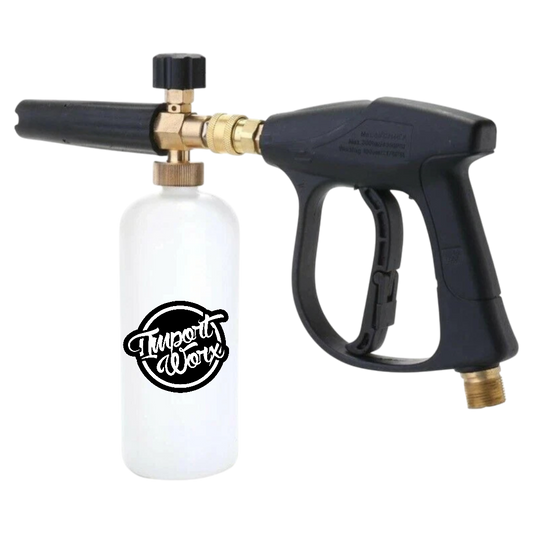 Foam cannon with white tank and black handle on a white background, featuring 'Import Worx' logo.