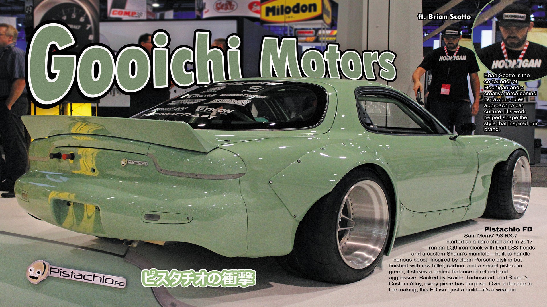 Green sports car with 'Gooichi Motors' branding at a car show.