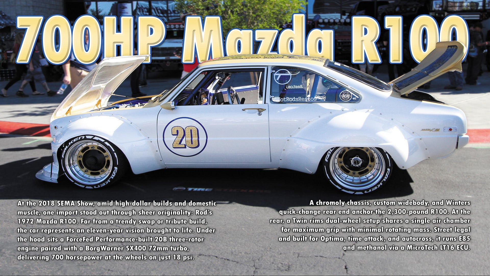 White Mazda R100 with open hood labeled '700HP' on a blurred background