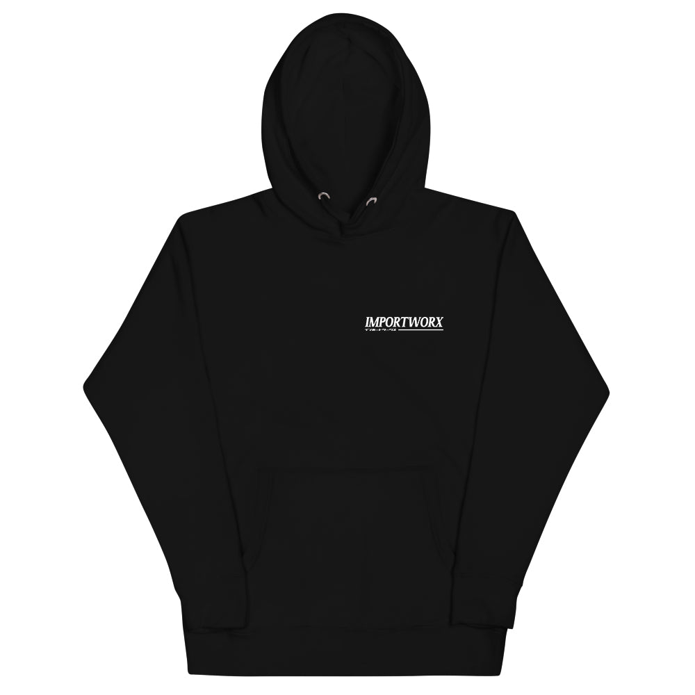 Black hoodie with a small white logo on a white background