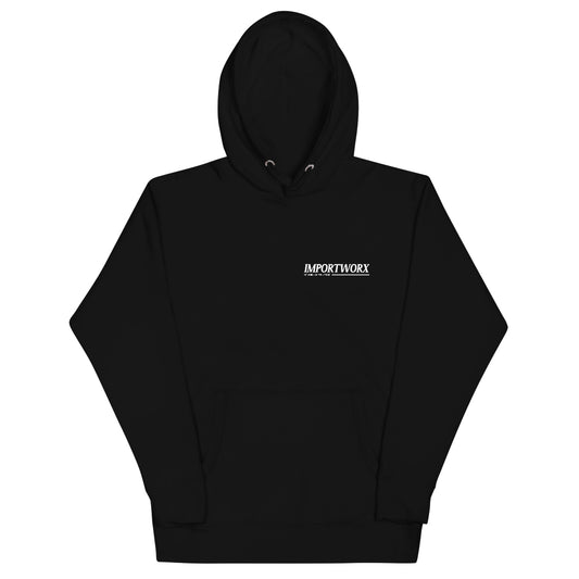 Black hoodie with a small white logo on a white background