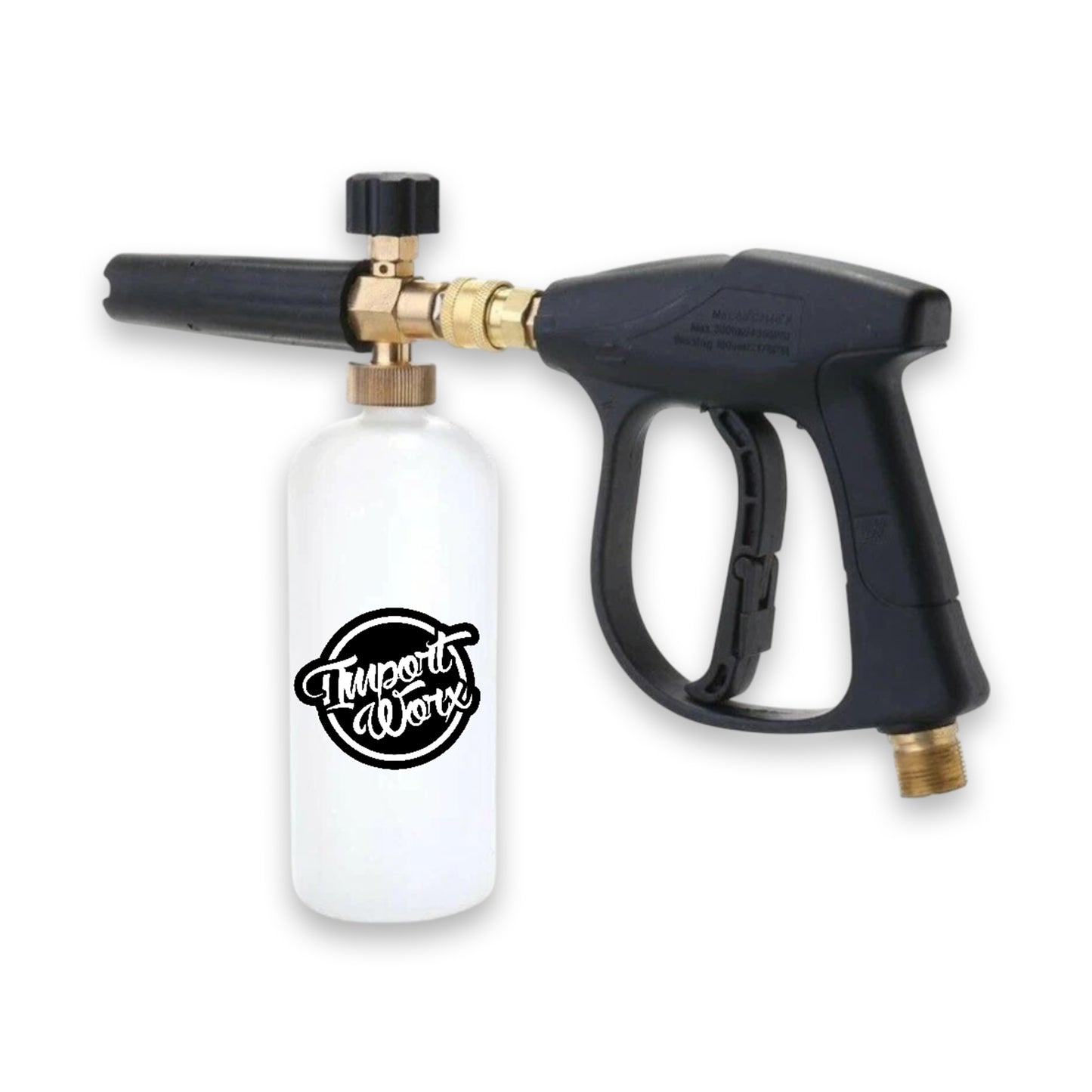Foam cannon with white tank and black handle on a white background