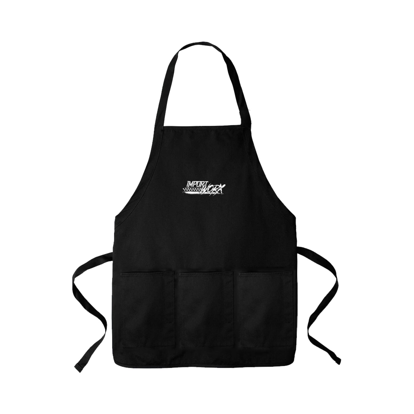 Black apron with importworx checkered logo on a white background