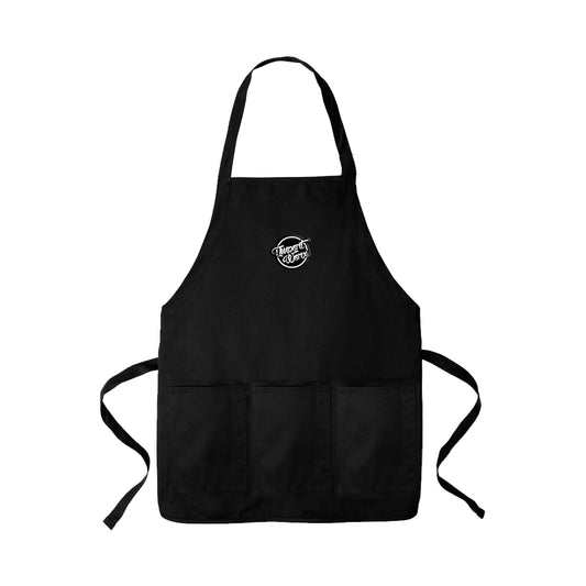 Black apron with importworx circle logo on a white background