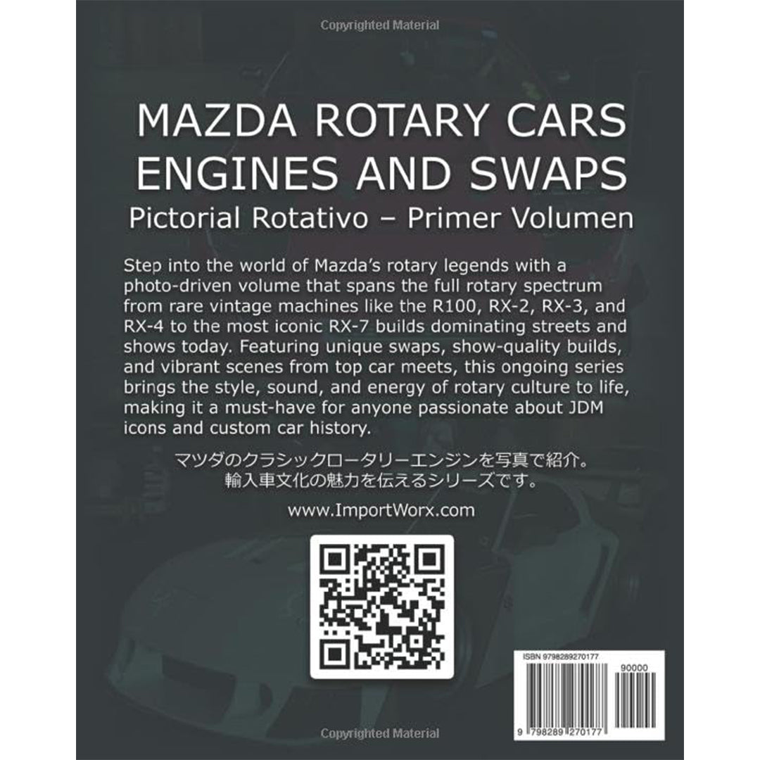 Back cover of a book titled 'Mazda Rotary Cars Engines and Swaps' with text and a QR code.