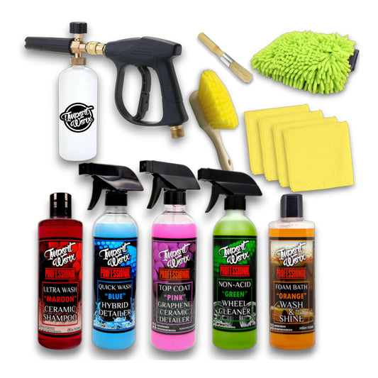 Collection of car care products including bottles, a pressure washer, and cleaning tools on a white background.