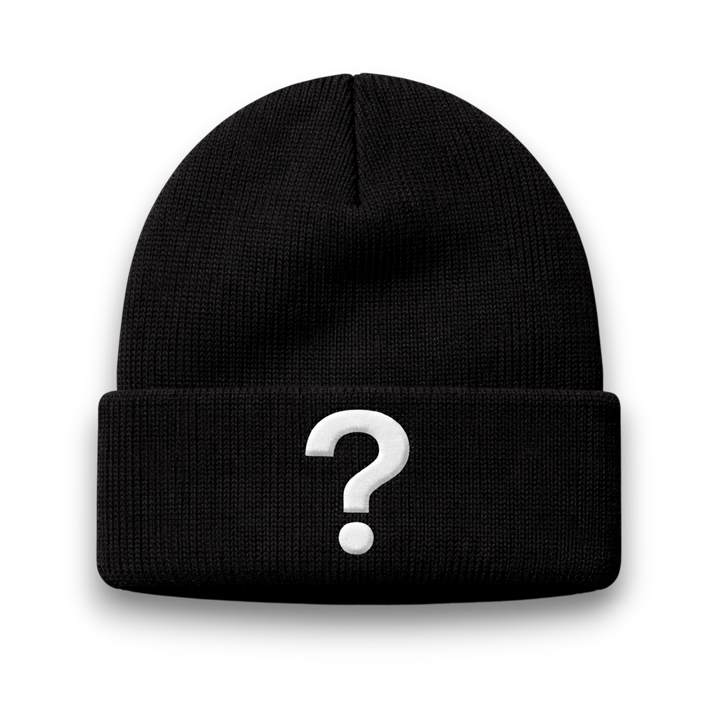 Black beanie with a white question mark on a white background