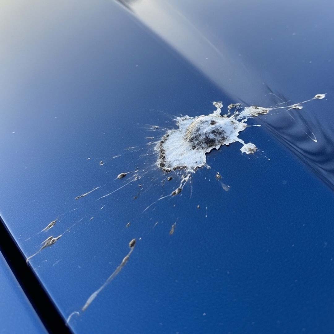 Bird dropping on a blue car surface