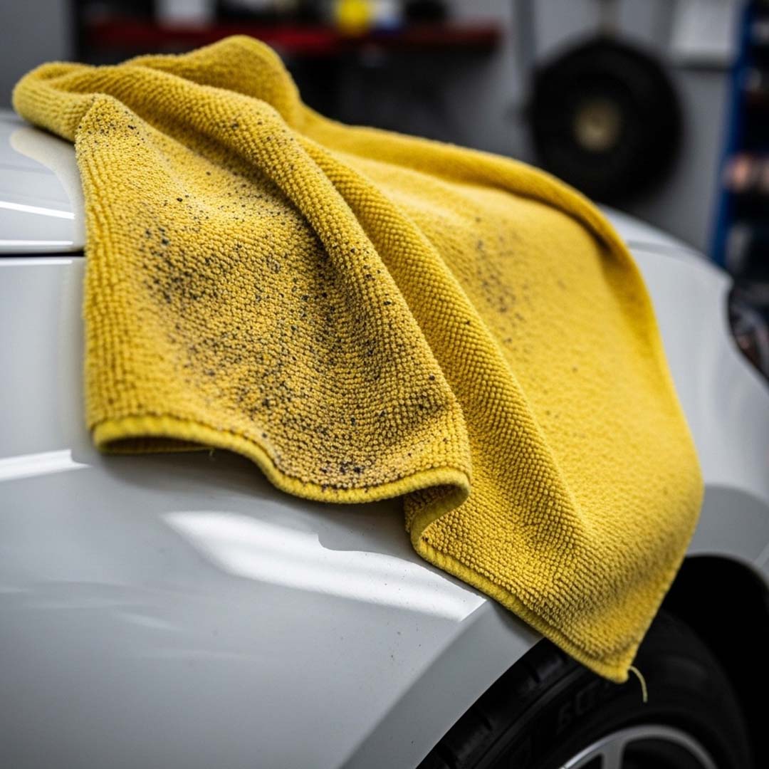 Yellow microfiber towel on a car surface with visible dirt, in a garage setting.