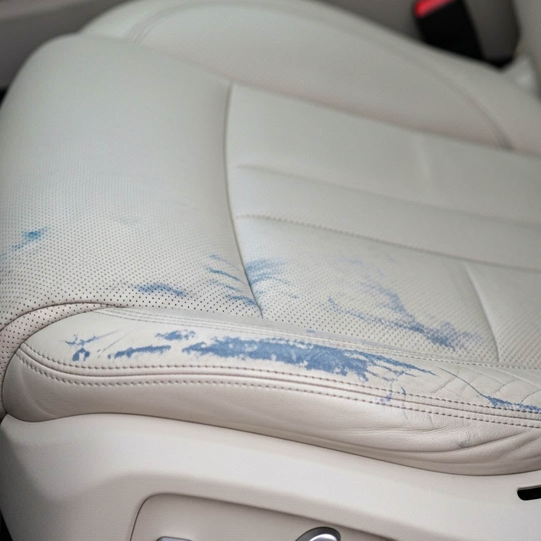 Car seat with blue stains on a white background