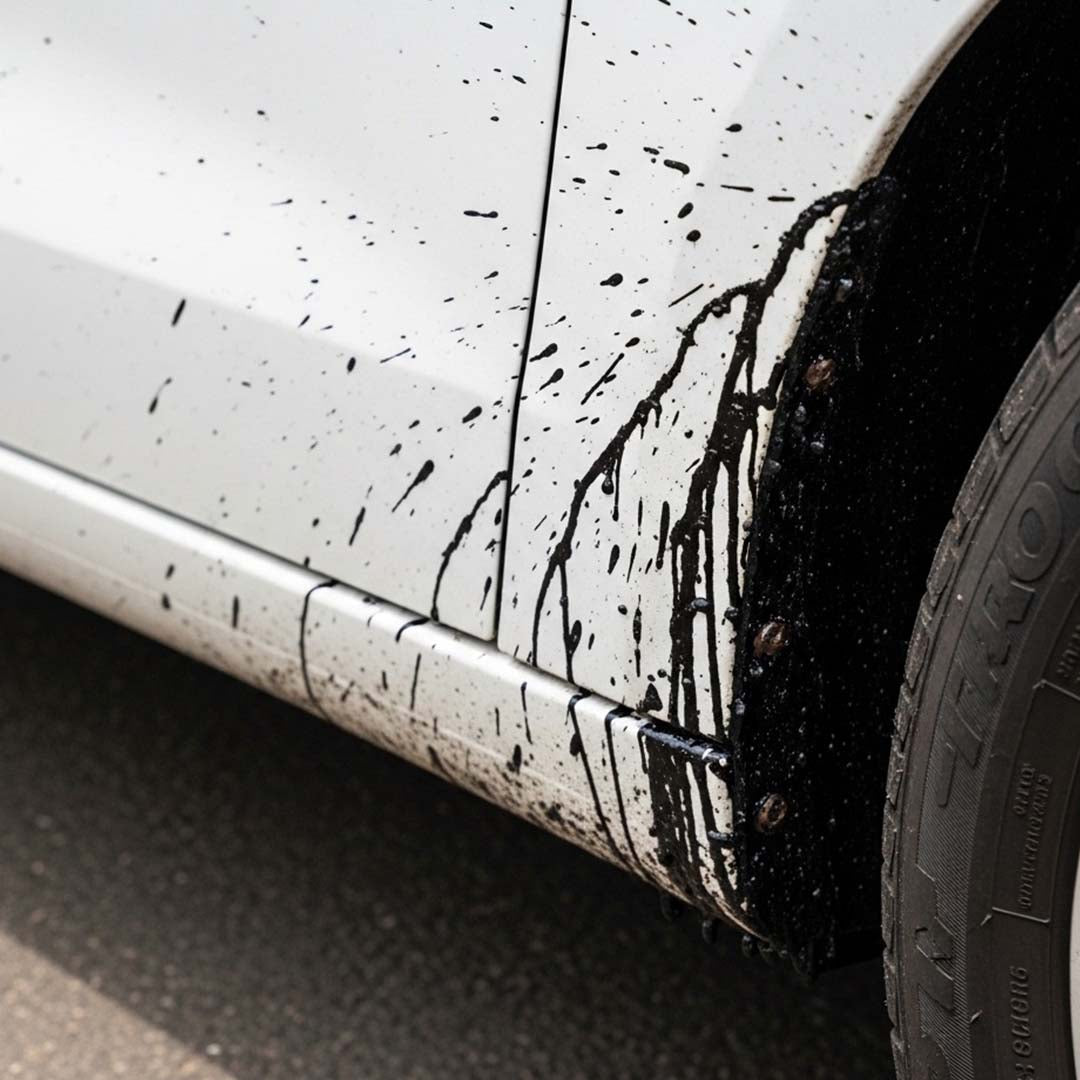 Close-up of a car's damaged side panel with scratches and dents.