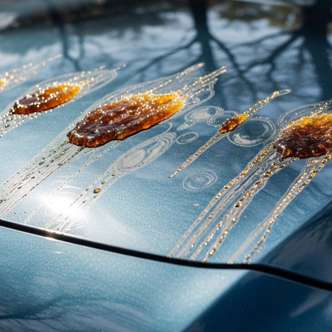 Car hood with tree sap droplets and streaks on a blue car