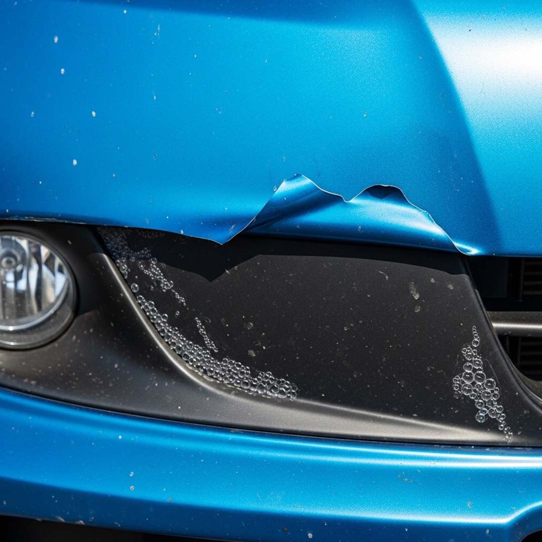 Close-up of a blue car with a dented hood