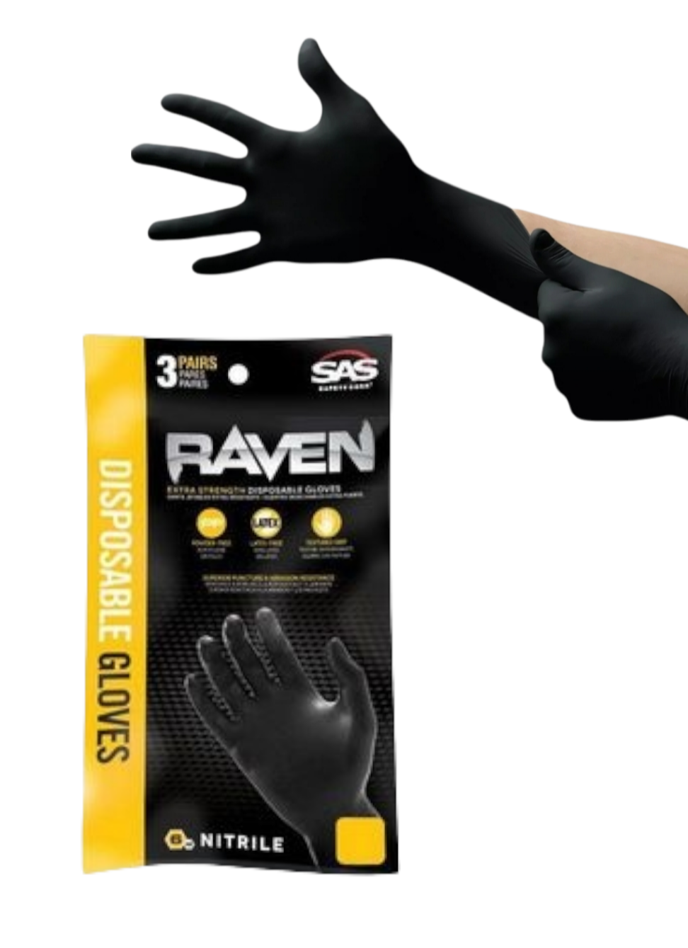 SAS Raven Nitrile Powder-Free Black Gloves, Size XL - 6 Pack