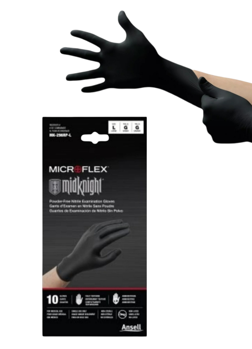 Microflex MidKnight Nitrile Powder-Free Black Gloves, Size L - 10 Pack