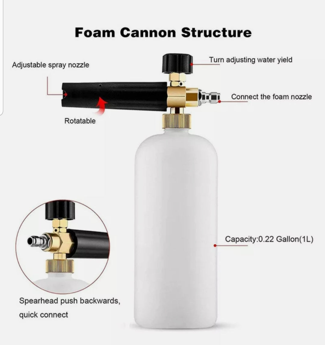 Foam Cannon for Pressure Washer, Wide Neck Adjustable, 1 L Soap Bottle