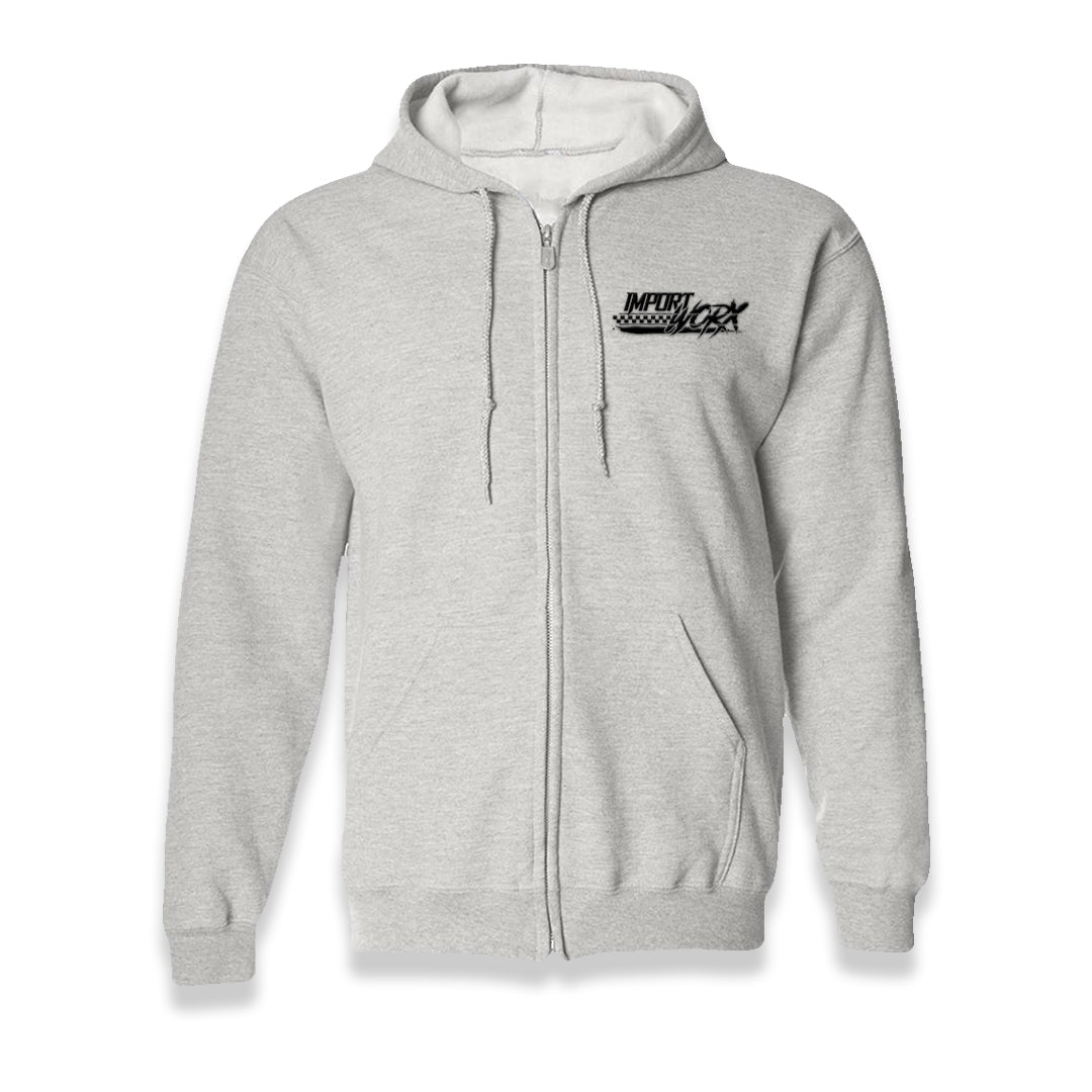 ImportWorx Embroidered Checkered Gray Full-Zip Hooded Sweatshirt